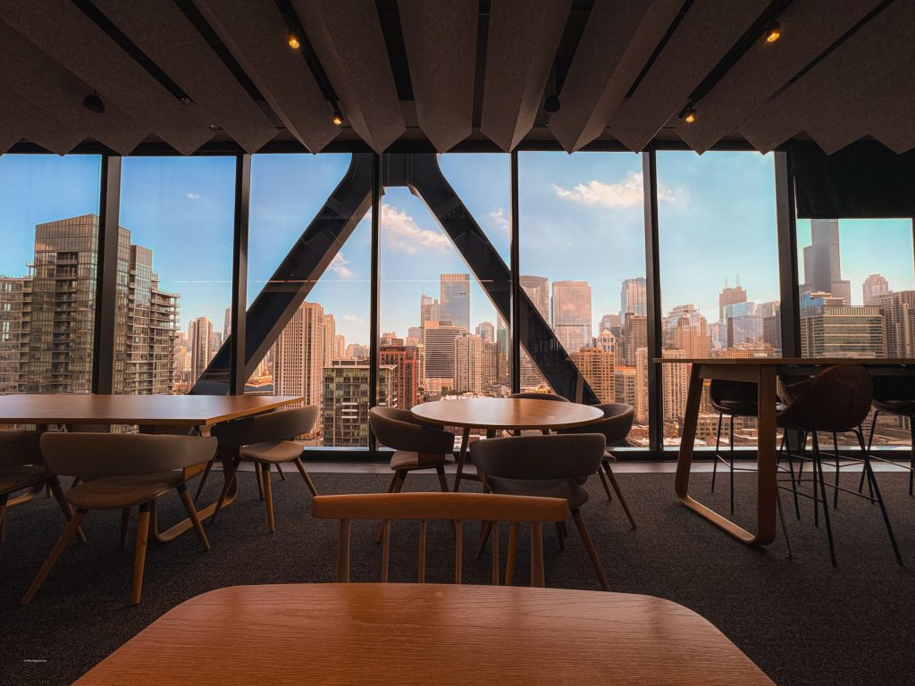 Modern office overlooking a city skyline